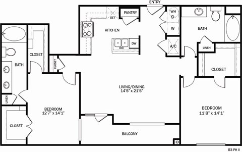 A black and white image of a floor plan for a B3 Ph II apartment.